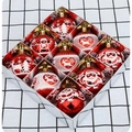 Set of 9 glossy red Christmas balls with white snowman and reindeer patterns in silver box - Red