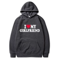 Dark charcoal grey hoodie with I Love My Girlfriend print in flat lay view - S / I Love My Girlfriend (Top) / Dark Gray