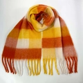 Thick orange and yellow plaid winter scarf with fringe detail on white background - 18# (Orange Yellow White Plaid)