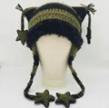 Handmade striped cat ear beanie in black and green with star pendants and faux fur trim - Dark Green