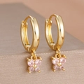 Elegant 18k gold plated stainless steel hoop earrings with pink zircon butterfly charms - Butterfly Drop Earrings (Y27359) / Two-Piece Set / Gold-Pink