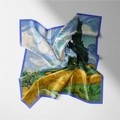 Detail of Van Gogh Wheat Field print on a high-quality square silk scarf for women - 53cm / Wheatfield with Cypresses - Van Gogh