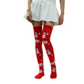 Red Christmas over-the-knee socks featuring snowman patterns and festive holiday text - Red Socks with Santa Snowman Text Print
