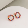 Minimalist rose gold round stud earrings with colorful rhinestones on a white stand - Stud Earrings / Rose Gold+Multicolored Stone