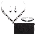 Silver bridal jewelry set with black round stones and matching black fabric clutch bag - Black
