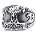 Vintage-Wikinger-Ring aus Edelstahl mit Thors Hammer, Runen und rustikalem Silber-Finish - US 7 / Vintage-Silber (13410)