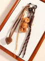 Brown woven rope keychain with plush puppy charm and leather heart rivet strap accessory - Bear Style