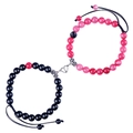 8mm natural stone bead couple bracelets with heart magnetic clasp and black woven rope - Woven Style Heart Magnet / Black Red