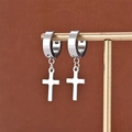 Macro detail of silver cross pendant earrings on minimalist golden display stand - Steel (A-3)