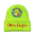 Detail of green knitted beanie featuring a festive Christmas wreath and Merry Christmas text - Fluorescent Green-Style D