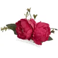 Bohemian hair comb featuring deep rose silk peonies and green leaves on silver base - FS39-6 Rose Red