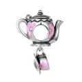 Macro detail of S925 silver teapot and teacup charm with pink enamel floral patterns - Afternoon Tea Set Pendant (S072)