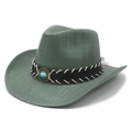 Bonengroene strooien cowboyhoed met turquoise embleem en zwarte decoratieve band - M (56-58cm) / Waterleliegroen