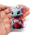 Christmas blue dragon acrylic pendant with pink wings holding a red gift box charm - Cyan Blue