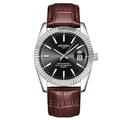 Men's quartz watch featuring a brown leather strap, silver fluted bezel, and black date dial - Brown Strap Silver Case Black Dial Men's