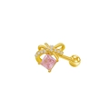 Golden bow ear stud featuring a sparkling pink square zircon and a white zircon inlay - Bow with Pink Square Stone (24080703-5)