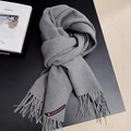 Elegant gray cashmere-feel scarf with tassels and brown leather label on a black surface - 200*70cm / Dark Gray + Beige