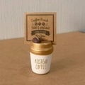 White coffee cup card stand with gold rim and Milstead Coffee logo for desk display - Coffee Cup - Gold