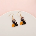 Halloween black wizard cat and pumpkin enamel drop earrings in gold plating - Black Cat Pumpkin