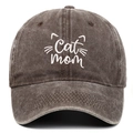 Close-up of Cat Mom white embroidery on vintage washed cotton baseball cap texture - One Size / Coffee
