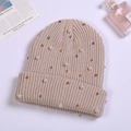 Beige cable knit beanie for women with elegant white pearls and metallic beads - Beige