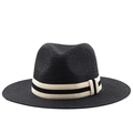 Classic black Panama hat with wide brim and elegant beige-black striped ribbon band - Black