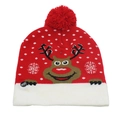 Close-up of the red LED Christmas hat showing the power switch and reindeer knit pattern - One Size / Red Reindeer Head (LED)