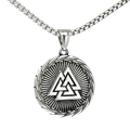 Collana con ciondolo Valknut vichingo in argento con rune nordiche e bordo rotondo strutturato - Solo ciondolo / Color Acciaio