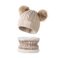 Ensemble bonnet et écharpe en tricot pour enfants avec pompons et doublure peluche - Blanc Cassé