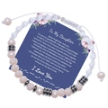Adjustable woven bracelet with pink crystals and silver beads on a blue gift card - To My Daughter