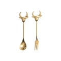 Golden 304 stainless steel cutlery set with cartoon cow head design including spoon and fork - Gold-Spoon & Fork Set