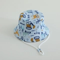 Detail of light blue bucket hat with cartoon trucks and adjustable chin strap - Blue Excavator