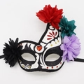 Day of the Dead masquerade mask with colorful flowers and a red heart gem accent - New Flame Black