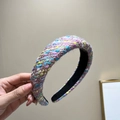 Close-up of a wide padded tweed headband featuring colorful woven texture in purple and blue - Padded Headband / 3CM Wide / Purple + Blue + Yellow Mixed