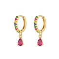 Boucles d'oreilles créoles dorées serties de zircons colorés et pendentif goutte rouge - Goutte Or Arc-en-ciel