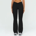 High-waisted black flared yoga pants with V-shaped crossover pleated waistband design - S / Bottoms / Premium Black