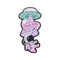 UFO and astronaut enamel pin with 'TAKE ME!' text in macaron purple and mint green - Colorful