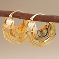 Elegant gold hollow earrings with wavy edges and fan-shaped patterns on wood branch - E4520 Wavy Edge Fan Hollow / Gold Tone