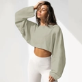 Sage green cropped long-sleeve crewneck sweatshirt in a loose drop-shoulder fit - XS / Tops / Light Green