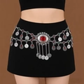 Vintage bohemian metal waist chain with red gemstones and coin charms for women - Oval Five Tassels Silver / Silver / Silver Dandelion 10mm Artificial Pearl