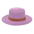 Flat top lavender straw sun hat with brown faux leather band and golden metal buckle - M (56-58cm) / Taro Purple