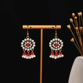 Detailed shot of ethnic style long earrings with pearls and red stones on a black background - Ruby Red Gem with Artificial Pearl Tassel Style (E3377/Red)
