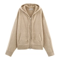 Women's casual knit zip-up hoodie in oatmeal beige with a soft textured finish - S / Khaki