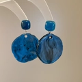 Irregular deep blue resin drop earrings with marble texture and silver pin design - Silver Earring Post-Blue