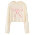 Pull court en maille crème avec motif de nœud rose et col rond pour femme - S / Blanc laiteux