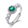Polished S925 silver open ring with round green emerald and halo cubic zirconia - Round 5.0MM