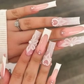 Extra long pink French ombré press-on nails with 3D floral accents and pearls - Glue Type (SGCY-433)