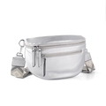 Silver metallic moon-shaped crossbody bag with textured leather and geometric strap - Silver
