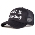 Black trucker hat with white cool it cowboy embroidery and breathable mesh back - One Size / Black