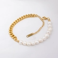 Detail showing 18K gold stainless steel chain with white pearls and lobster clasp - Gold Cuban Chain Spliced Pearl Strand (Style 3)